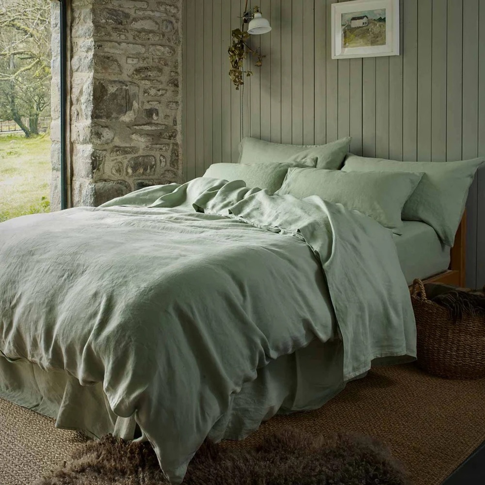 Piglet in Bed Full/Queen Sage Green 100% Linen Duvet Cover With Two shams